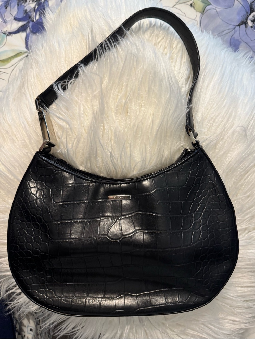 Black Croc-Embossed Shoulder Bag